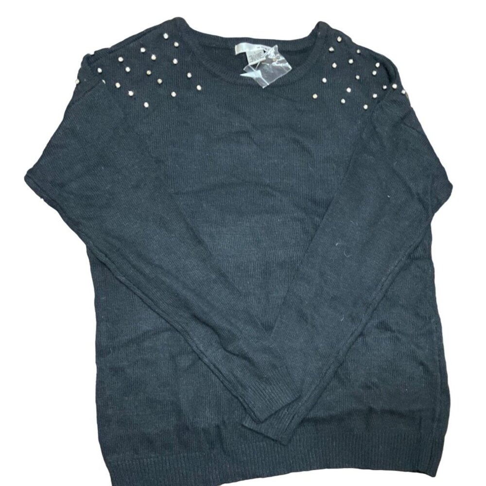 WDNY Womens Black Sweater W/ Pearl Embellishments Size L Viscose Blend Long Slee